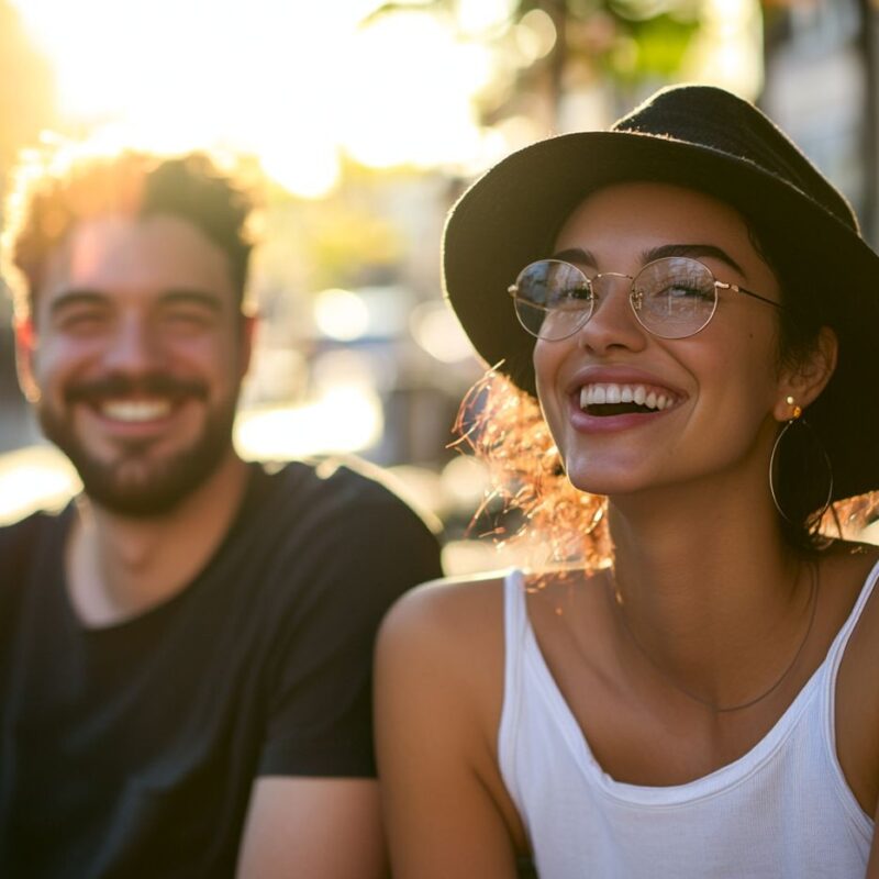 A smiling woman in glasses and a black hat enjoys a sunny afternoon, her confident energy suggesting the positive impact of treatment options like adult ADHD covered by Medi-Cal.