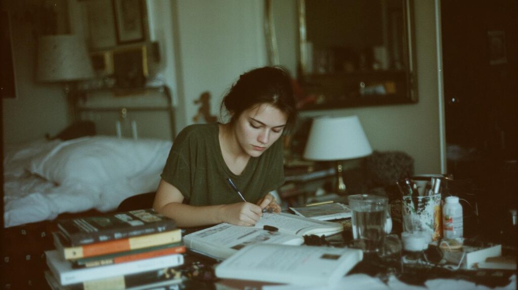 A young woman in a green shirt writes in a notebook amid a pile of study materials, reflecting the focus and effort often required in managing adult ADHD covered by Medi-Cal.