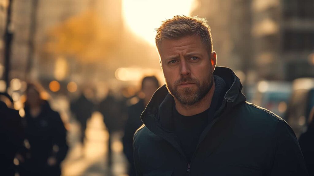 Man walks on a city street as the sun sets showing he has some anxiety that could be covered by Medi-Cal.