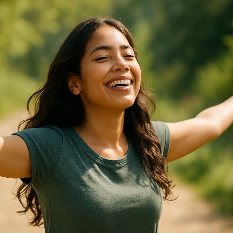 Woman on a hiking trail has her arms out wide; she is happy as a result of Anxiety Therapy Covered by Medi-Cal.