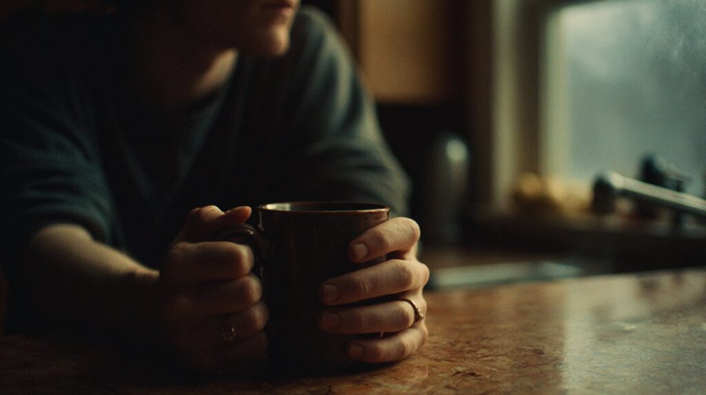 A person sits holding a coffee mug at a kitchen counter, the morning light dim—capturing a quiet moment of high-functioning depression.