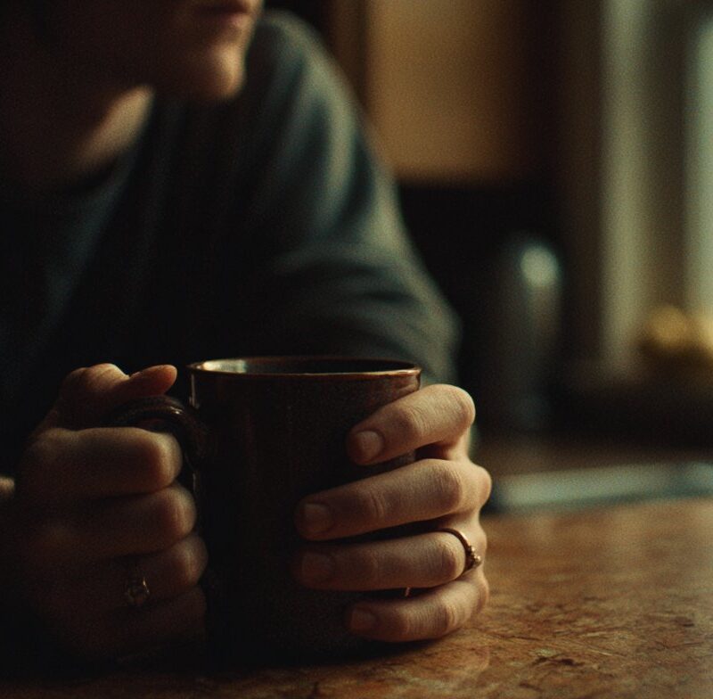 A person sits holding a coffee mug at a kitchen counter, the morning light dim—capturing a quiet moment of high-functioning depression.