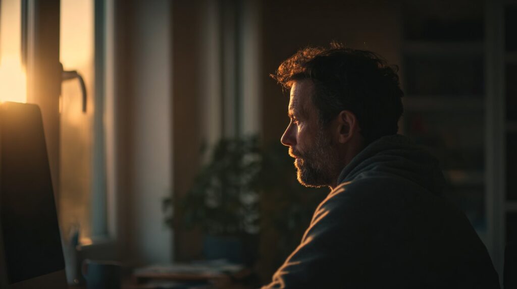 A man stares thoughtfully at a computer screen as sunlight streams in, an evocative portrayal of high-functioning depression.