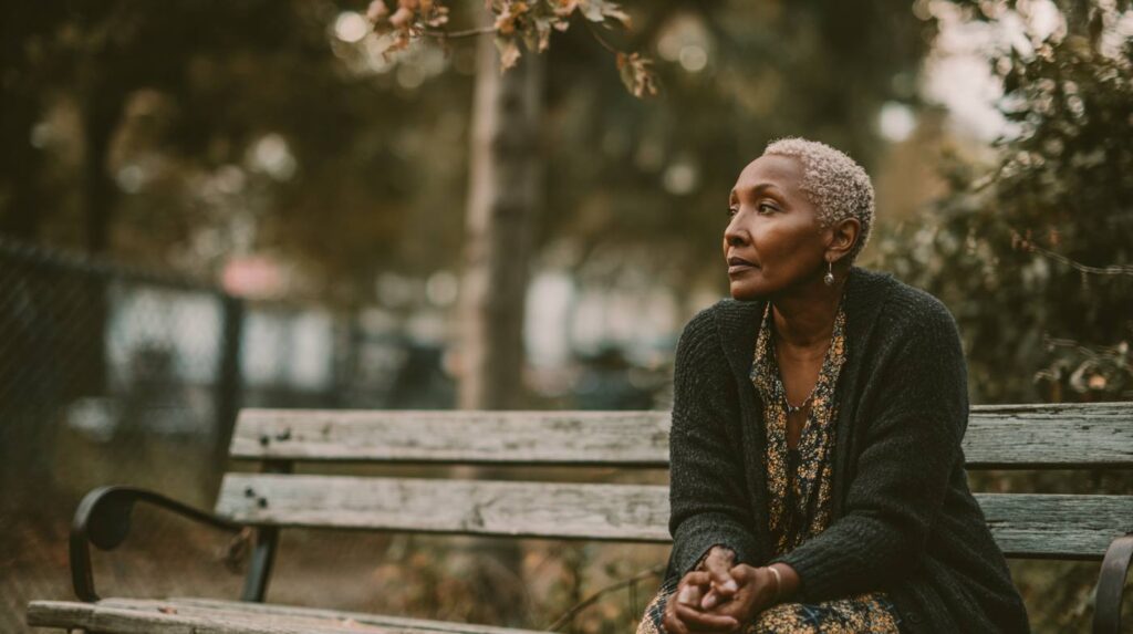 A contemplative older woman sits alone on a park bench, illustrating the quiet intensity of panic disorder therapy covered by Medicare.