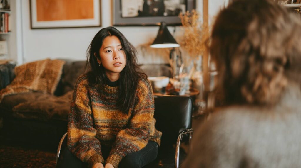 A young woman in a cozy sweater listens intently in therapy, reflecting how therapy for chronic stress and anxiety attacks can be accessed through Medi-cal.