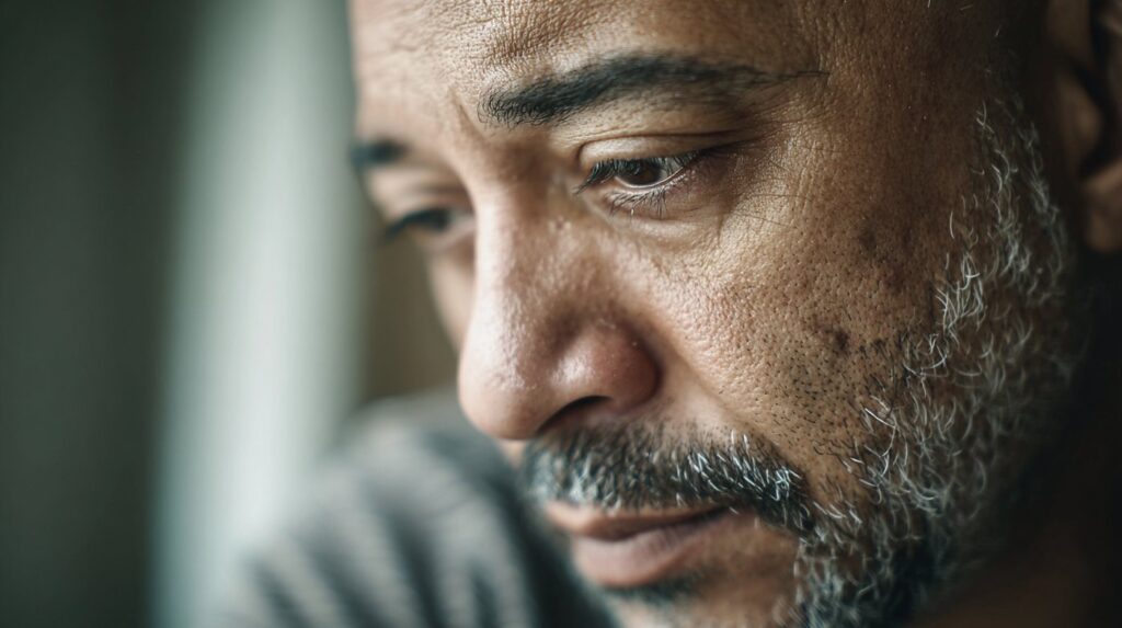 A close-up of a contemplative man looking down, conveying emotional depth—ideal for a page about trauma therapy that accepts Medi-Cal.