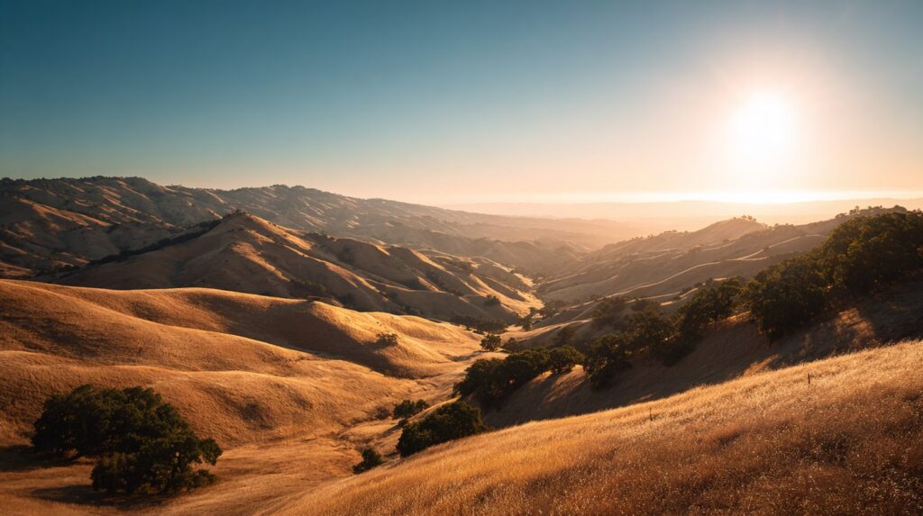 Golden California hills glow under the rising sun, symbolizing peace and possibility when you find a therapist that takes Medi-Cal.
