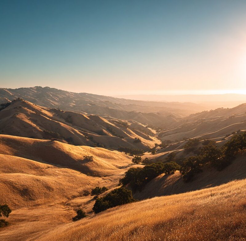 Golden California hills glow under the rising sun, symbolizing peace and possibility when you find a therapist that takes Medi-Cal.