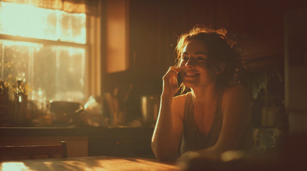 A woman smiles in warm morning light at her kitchen table, reflecting the comfort you feel when you find a therapist that takes Medi-Cal.