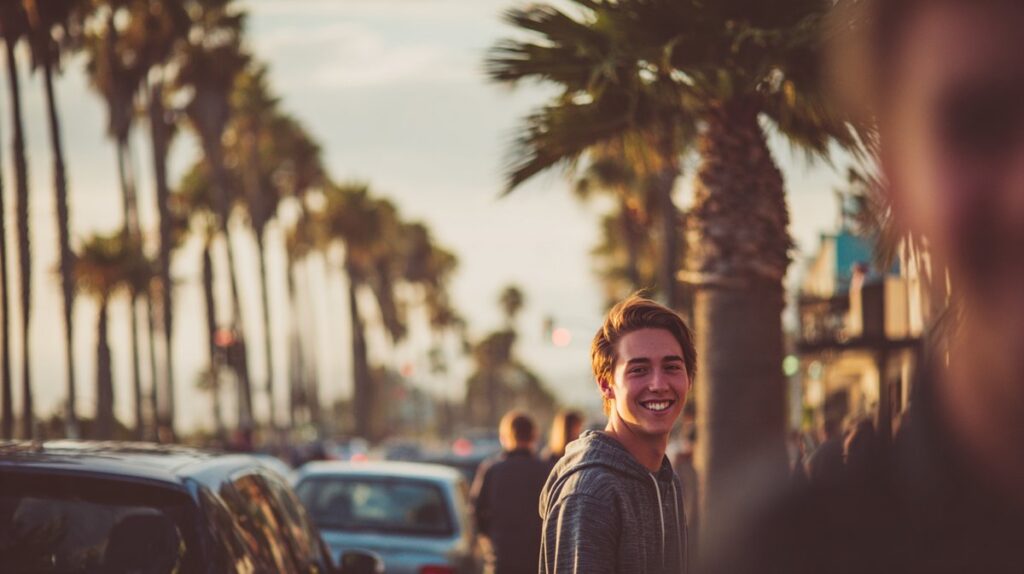 Smiling teenage boy walking along a palm tree-lined California street at sunset, symbolizing hope and recovery, get help for an eating disorder.