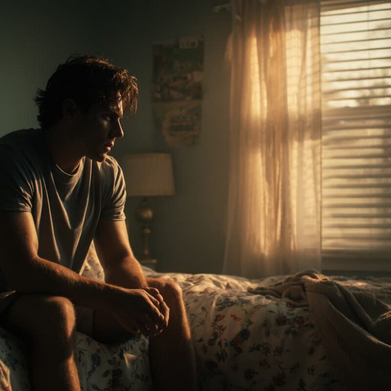 Young man sitting on bed struggling with depression and lack of motivation, representing the challenge of getting out of bed