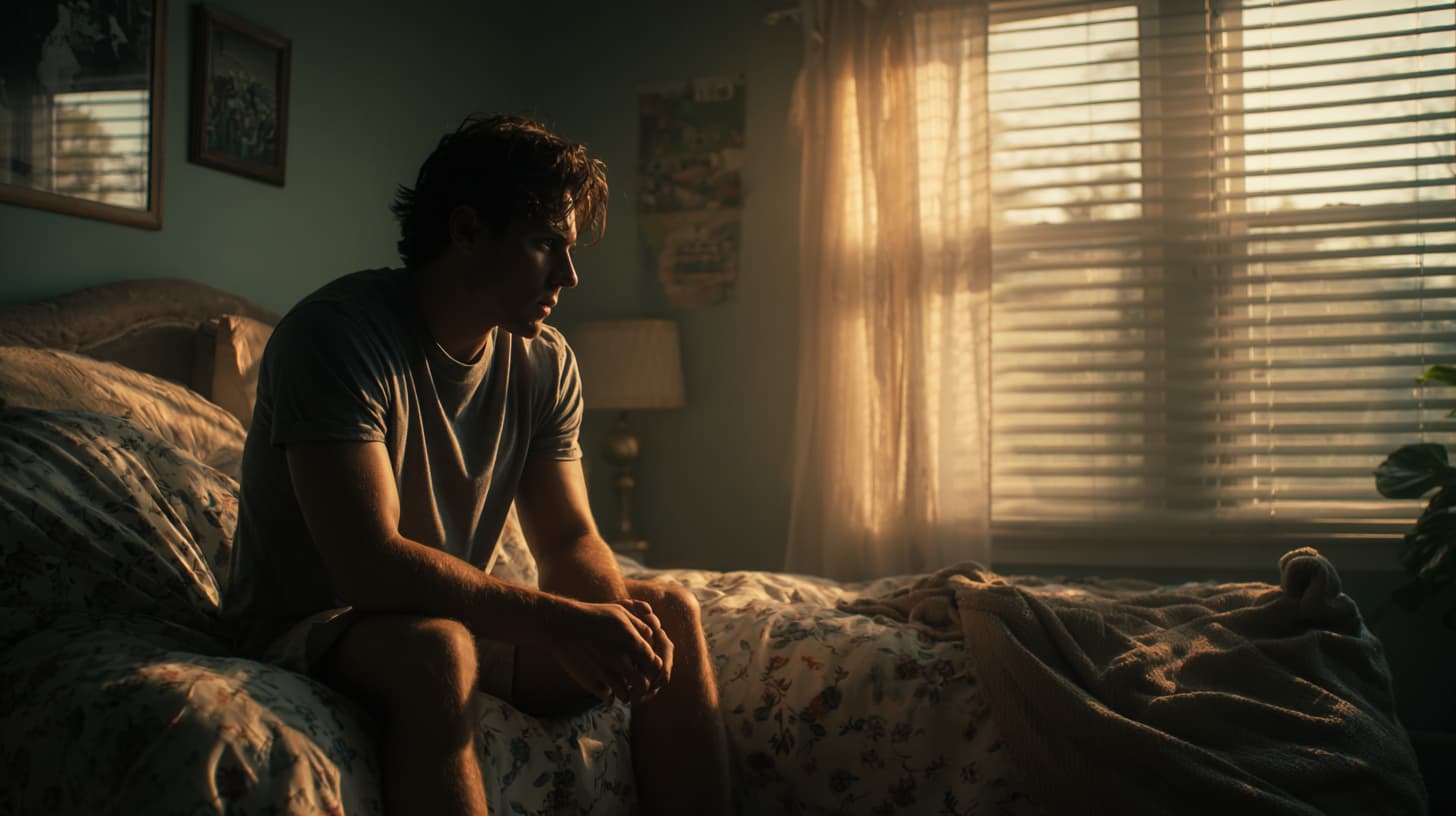 Young man sitting on bed struggling with depression and lack of motivation, representing the challenge of getting out of bed