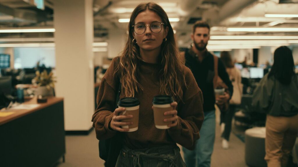 Person carefully carrying two cups of coffee through a busy office, illustrating how to control your emotions while managing stress and everyday responsibilities.