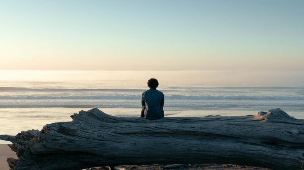 Person sitting on driftwood overlooking the ocean at sunrise, reflecting on how to control your emotions through mindfulness and emotional awareness.