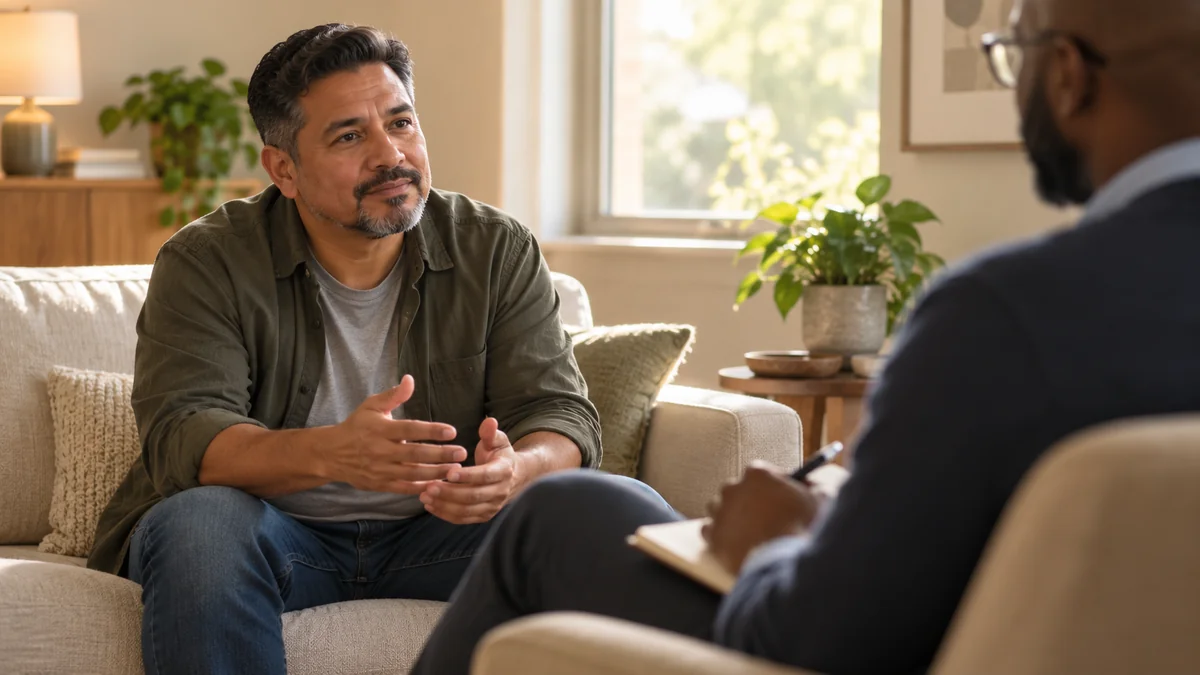 Man speaking with a therapist during a counseling session in a softly sunlit room.