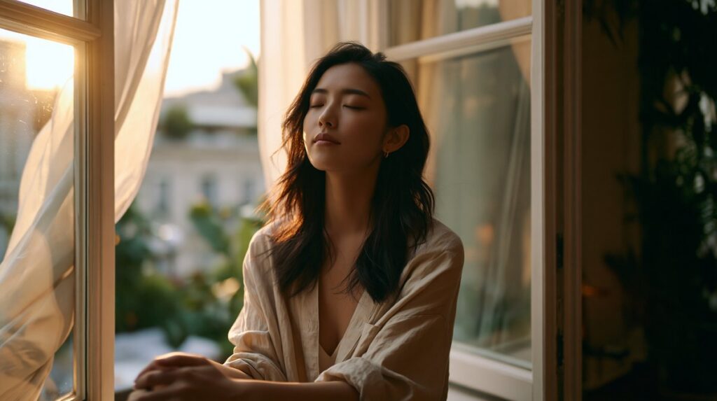 Woman sitting beside an open window with her eyes closed, illustrating self-respect and emotional wellness.